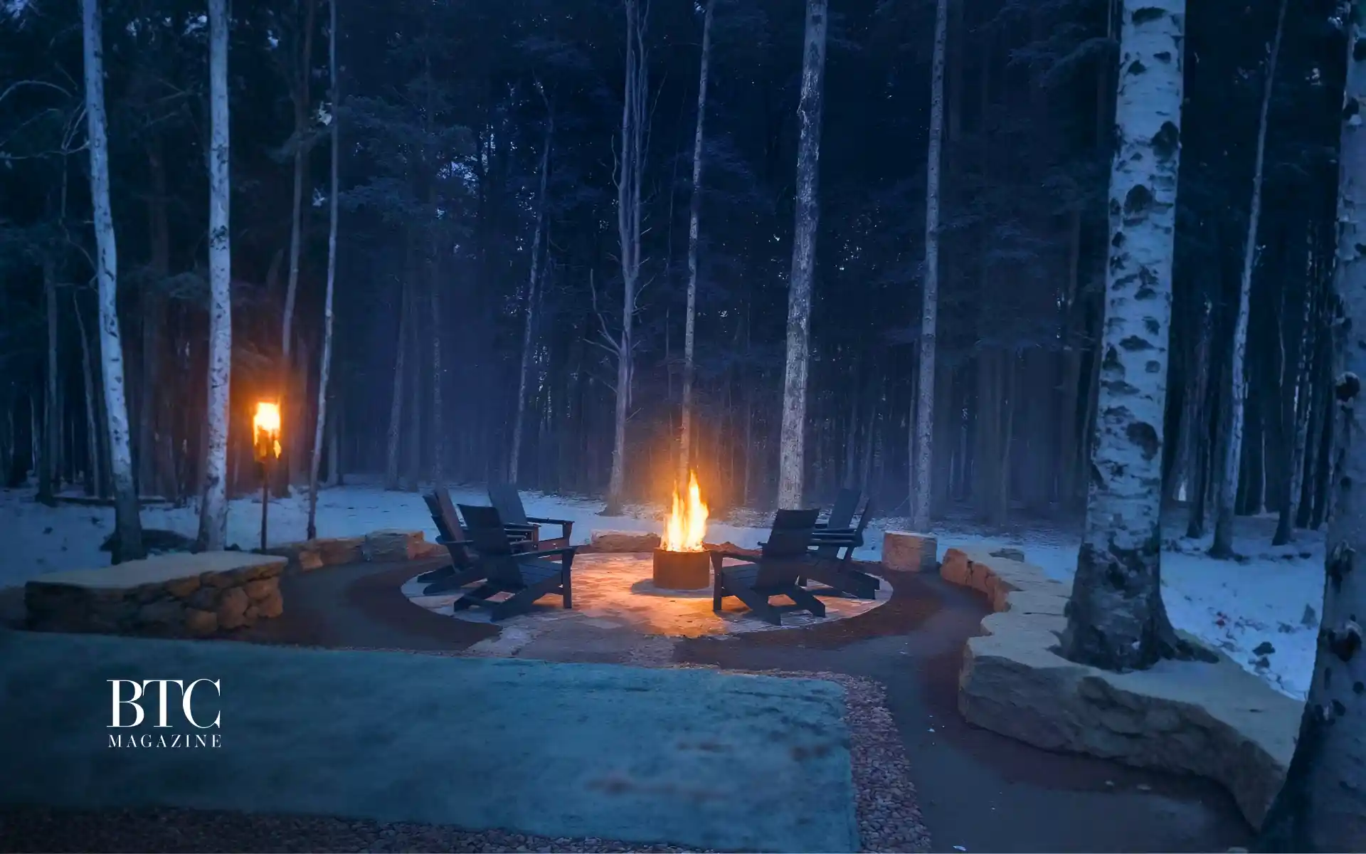 Cozy luxury cottage glowing fire pit lake