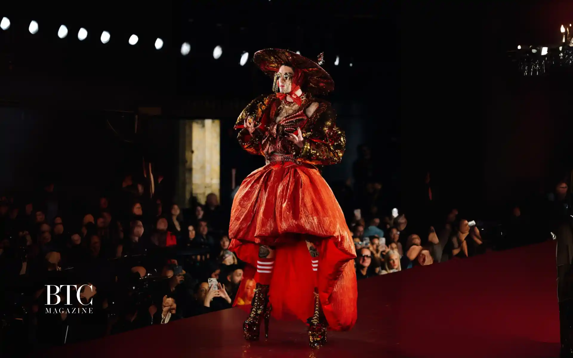 Runway model avant-garde gown NYFW audience