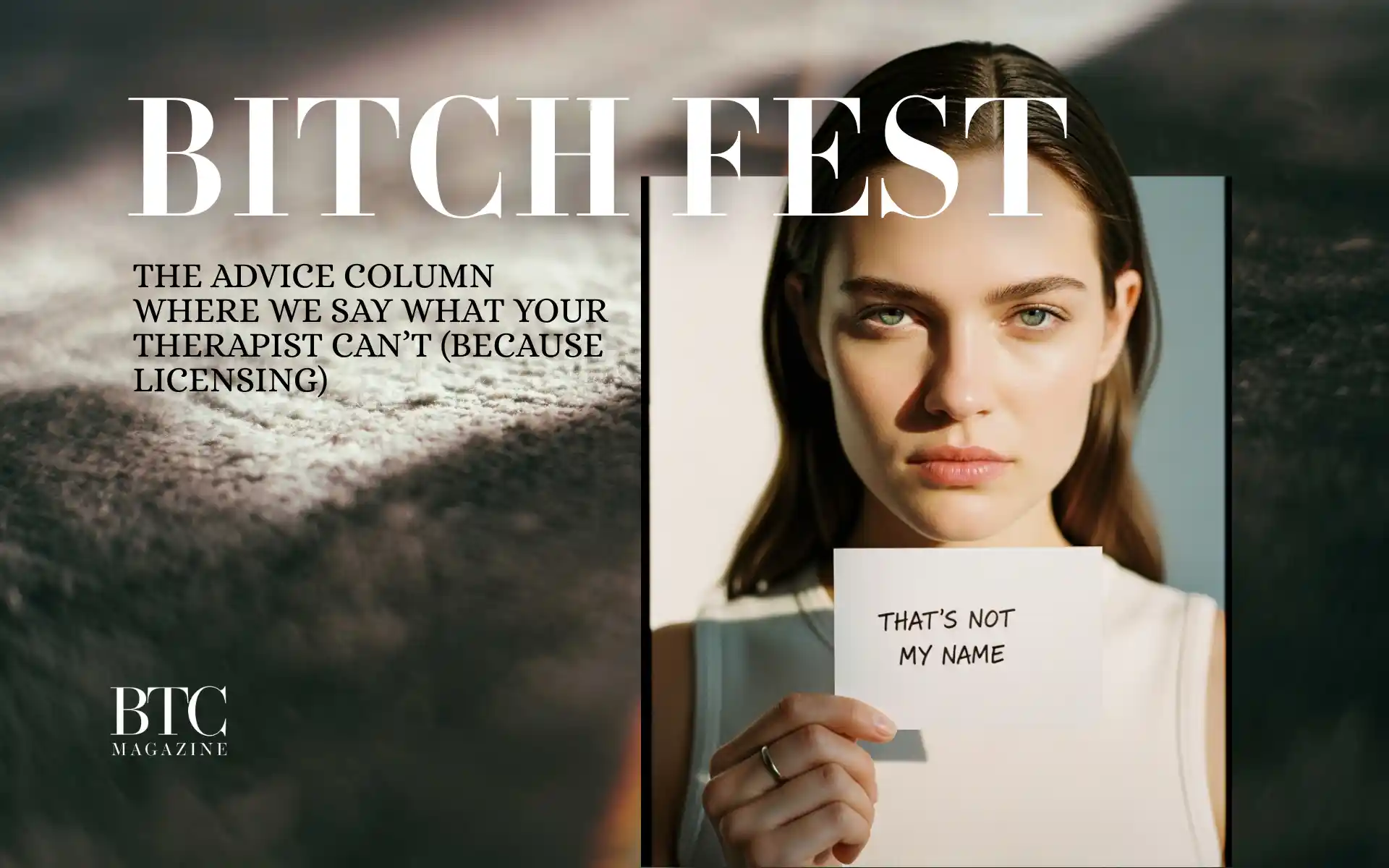 Woman typing Bitch Fest letter with wine