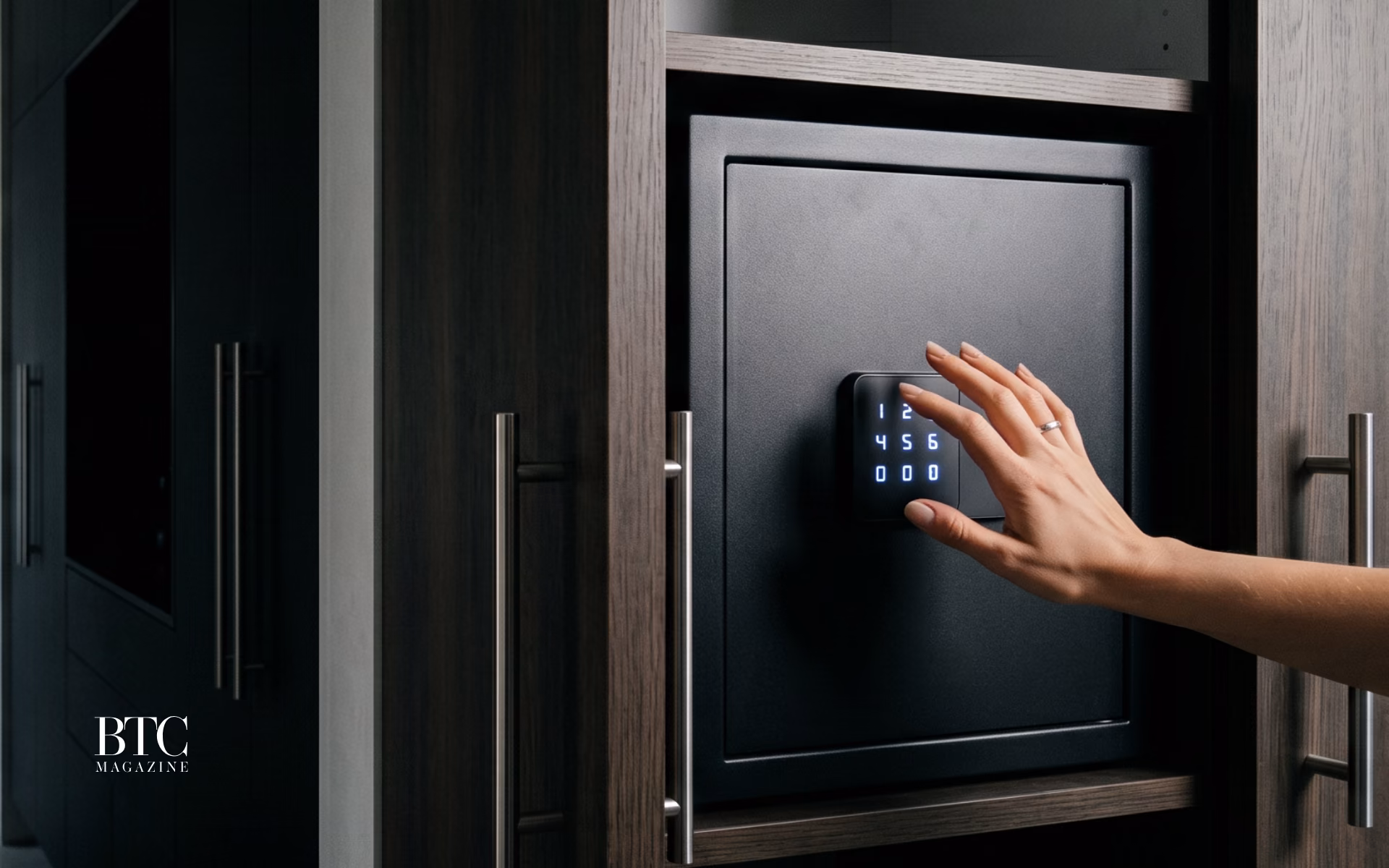 Hand hovering over glinting safe lock