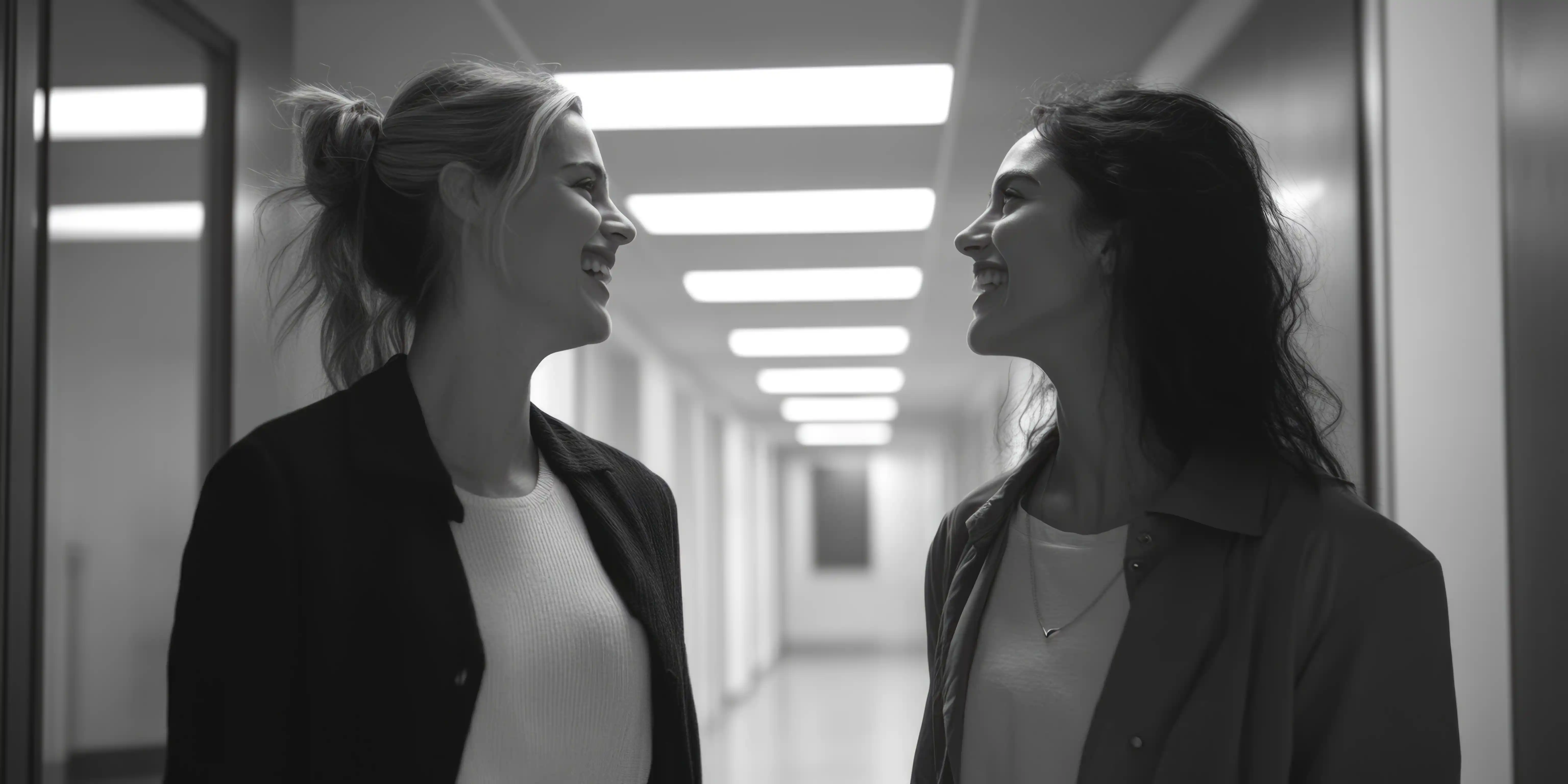 Two women laughing and talking face to face in a bright modern hallway, real talk women honest conversations female friendship and solidarity